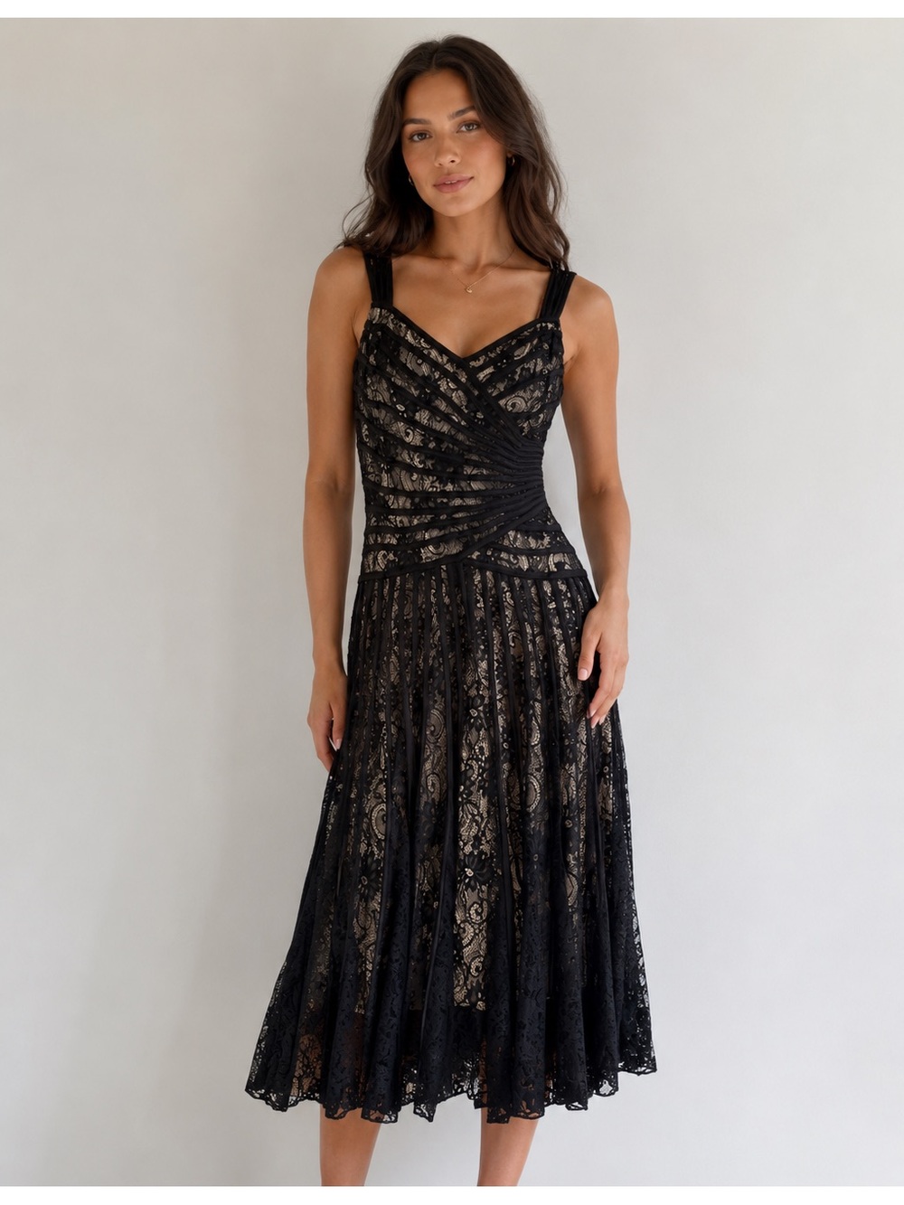 Black Lace Maxi Dress with V-Neck and Pleated Skirt Size 8